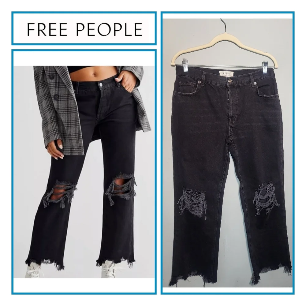 FREE PEOPLE Maggie Mid-Rise Straight Leg Jean Size 27 Destroyed Hem Black Denim